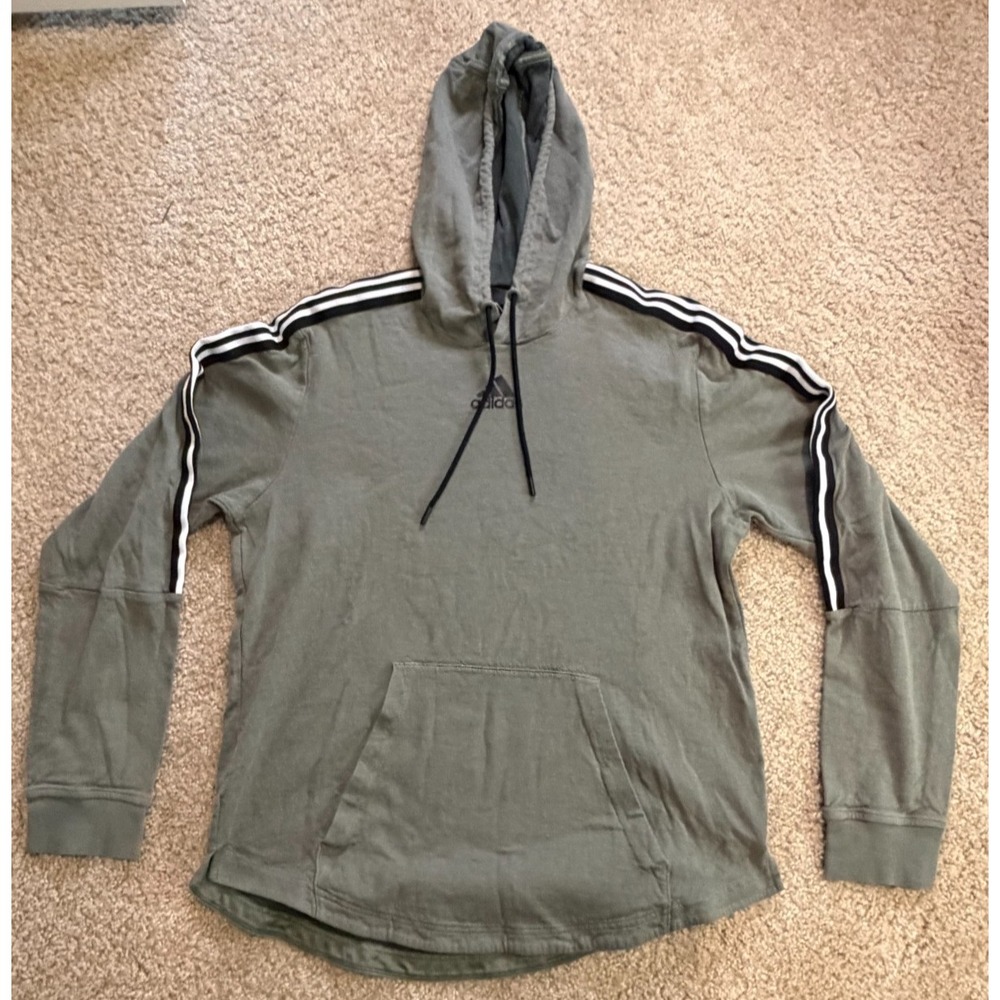 Adidas Hooded Sweatshirt Men's Extra Large Lg Green 3 Stripe Hoodie Logo Pockets